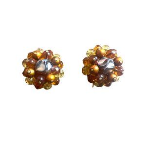 Vintage Earrings Clip-on  Silver Tone Center Bead Clear Copper Gold Amber Dome